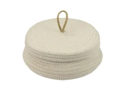 HMF Aufbewahrungskorb Badezimmer Rund Korb Deckel Baumwolle Flach 25 x 11 cm Creme