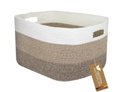 Aufbewahrung^HMF XXL Wäschekorb Baumwolle Eckiger Aufbewahrungskorb Griffen 55 x 43 x 30 cm Weiß-Braun