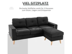 HOMCOM Ecksofa Leinen Gummiholz Schwarz 193L x 136B x 85H cm