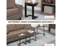 HOMCOM Tische^3er-Set Beistelltische C-förmige mit Stahlgestell Rustikal-Braun