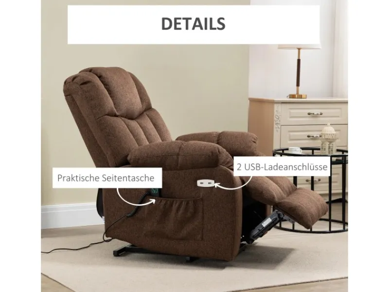 HOMCOM Fernsehsessel mit Aufstehhilfe Polyester Stahl Braun 92L x 95B x 107H cm