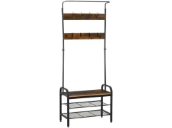 HOMCOM Garderobenständer mit 8 Haken 2 Ablagen MDF Schwarz 72 x 34 x 185 cm