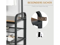 HOMCOM Garderobenständer mit 8 Haken 2 Ablagen MDF Schwarz 72 x 34 x 185 cm