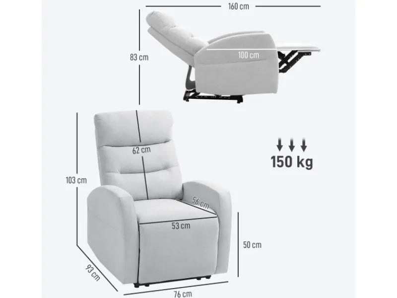 HOMCOM Sessel^Relaxsessel mit Liegefunktion Polyester 76L x 93B x 103H cm Hellgrau