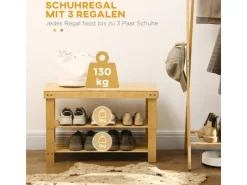 HOMCOM Sitzbänke^Sitzbank mit 3 Etagen aus Bambus für 6 Paar Schuhe Natur 70 x 28 x 45cm