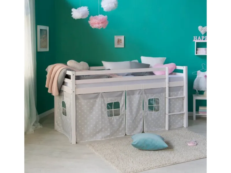 Homestyle4u Leitern|Betten^Hochbett 90x200 mit Vorhang in Sterne 1888