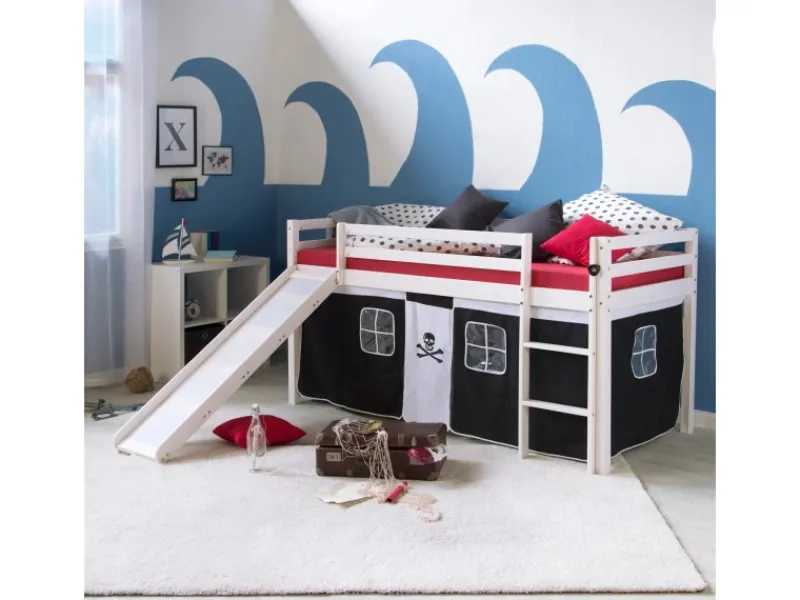 Homestyle4u Hochbett 90x200 mit Vorhang Lattenrost Matratze Rutsche in Weiß Pirat 2546