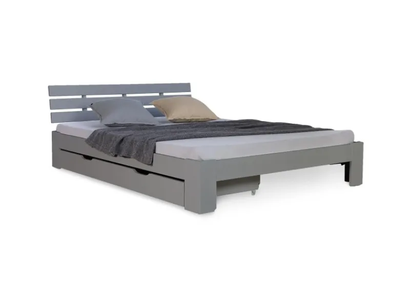 Homestyle4u Holzbett 140 x 200 cm mit Lattenrost und Bettkasten in Grau 2251