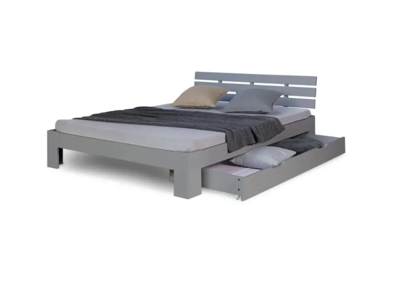 Homestyle4u Holzbett 140 x 200 cm mit Lattenrost und Bettkasten in Grau 2251