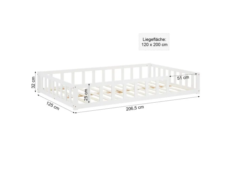 Homestyle4u Betten|Bettwäsche^Kinderbett mit Rausfallschutz 120x200 cm Bodenbett Lattenrost 2838