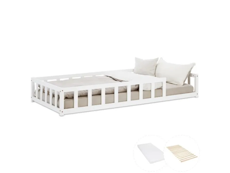 Homestyle4u Kinderbett mit Rausfallschutz 90x200 cm Bodenbett Lattenrost Matratze 3024