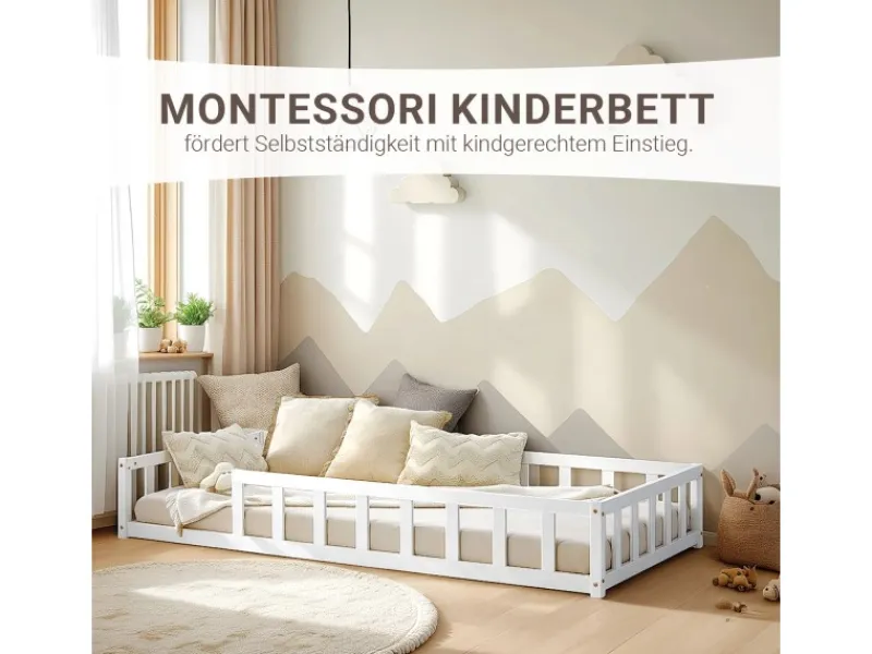 Homestyle4u Kinderbett mit Rausfallschutz 90x200 cm Bodenbett Lattenrost Matratze 3024