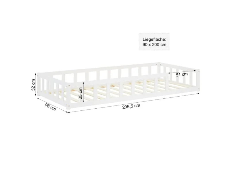 Homestyle4u Kinderbett mit Rausfallschutz 90x200 cm Bodenbett Lattenrost Matratze 3024