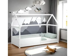 Homestyle4u Wandtattoos^Kinderbett Weiß Hausbett mit Rausfallschutz 90x200 cm Bodenbett 2811