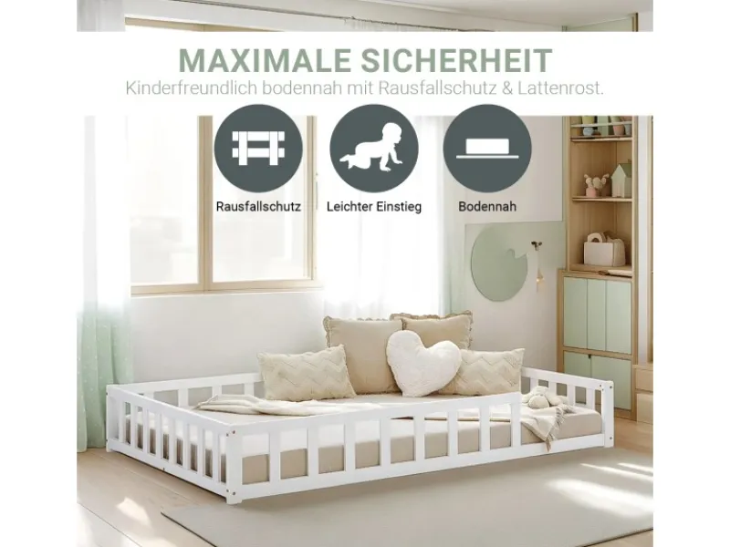 Homestyle4u Kinderbett mit Rausfallschutz 120x200 cm Bodenbett Lattenrost Matratze 3026