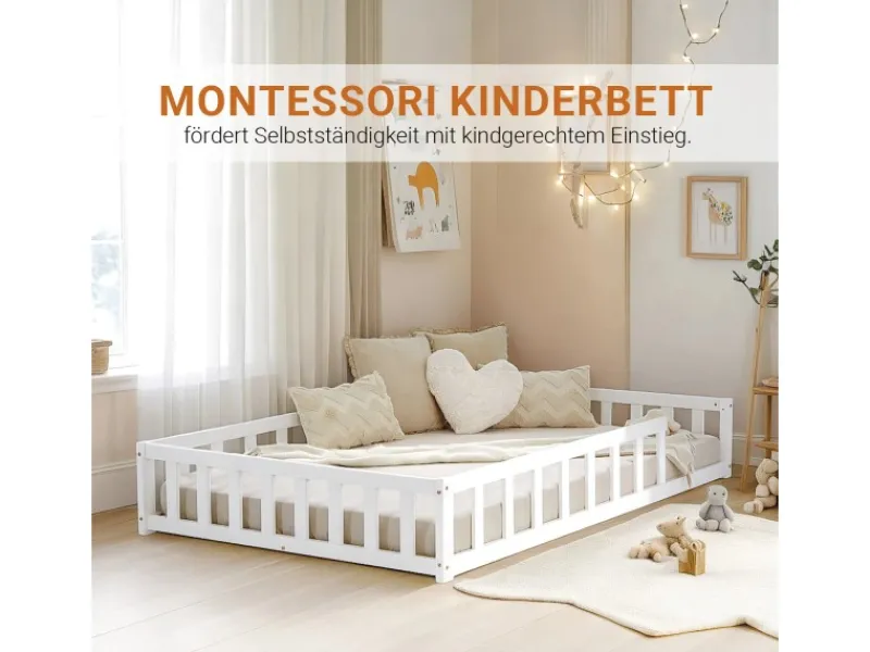 Homestyle4u Kinderbett mit Rausfallschutz 120x200 cm Bodenbett Lattenrost Matratze 3026