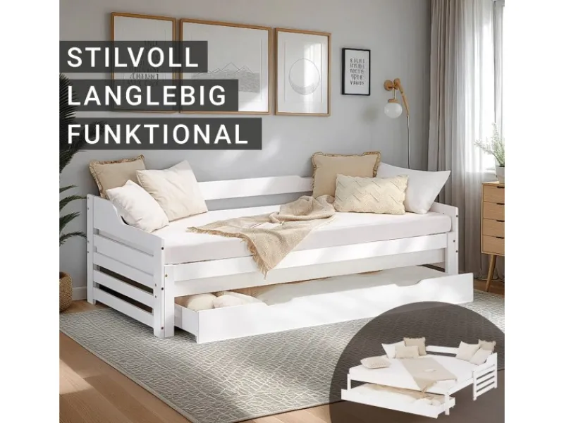 Homestyle4u Tagesbett Ausziehbett 90x200 cm mit Bettkasten Weiß mit Lattenrost 2799