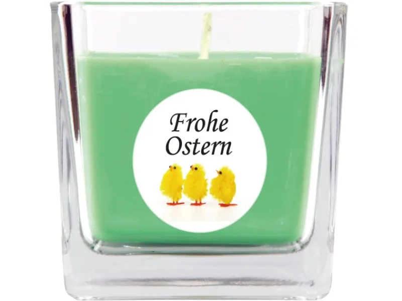 HS Candle Duftkerze & Glas Frohe Ostern Viereck 8 x 7,5cm Coconut Limes Küken