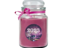 HS Candle Windlichter^Duftkerze & Glas Neujahr Lila Bonbon 110h