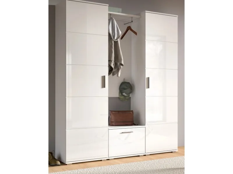 Inn.Furn Garderobe Set Weiß Hochglanz 4-teilig 165 cm Viel Stauraum Grazie