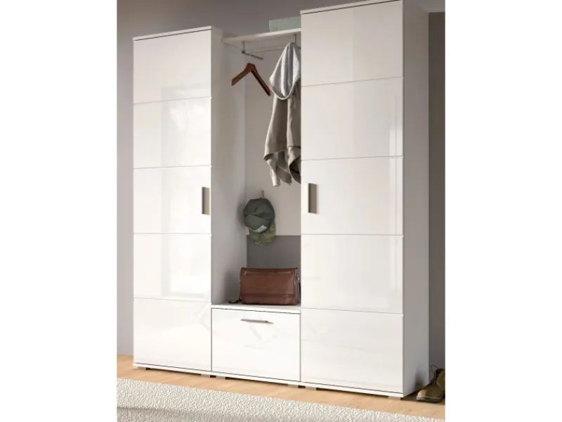 Inn.Furn Garderobe Set Weiß Hochglanz 4-teilig 165 cm Viel Stauraum Grazie