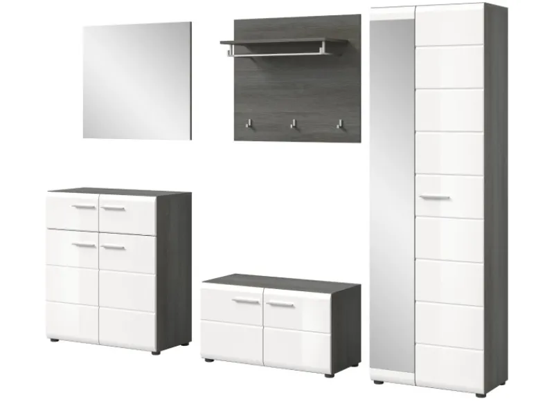 Inn.Furn Garderoben-Set 5-teilig Weiß Hochglanz Grau 250 cm Rumba