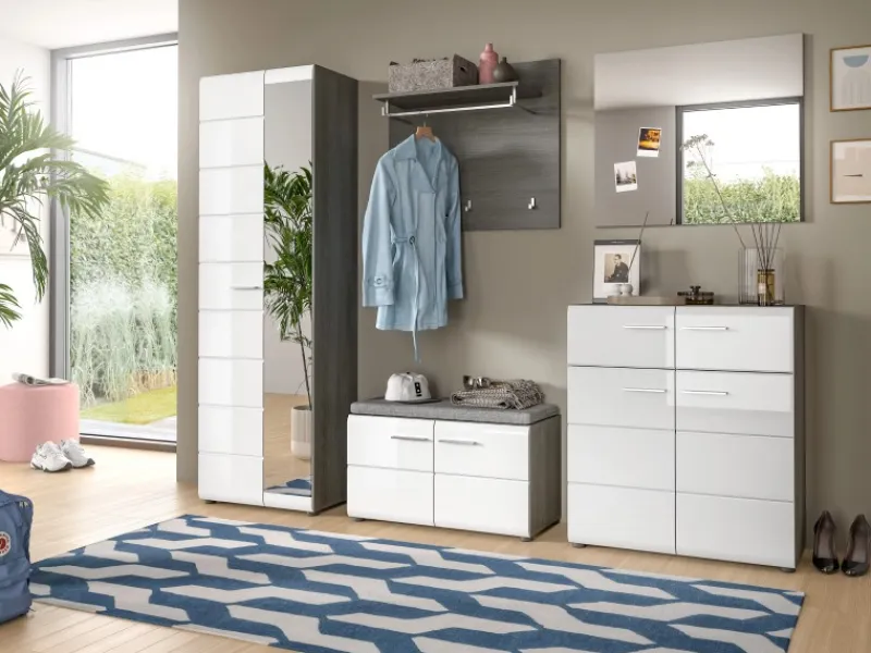 Inn.Furn Garderoben-Set 5-teilig Weiß Hochglanz Grau 250 cm Rumba