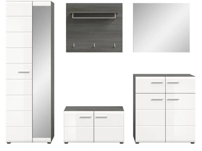 Inn.Furn Garderoben-Set 5-teilig Weiß Hochglanz Grau 250 cm Rumba