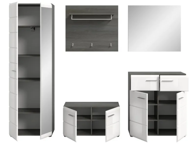 Inn.Furn Garderoben-Set 5-teilig Weiß Hochglanz Grau 250 cm Rumba