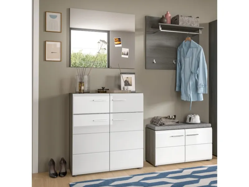 Inn.Furn Garderoben-Set 4-teilig Weiß Hochglanz Grau 175 cm Rumba