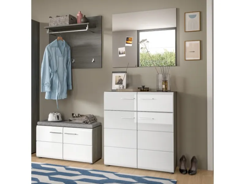 Inn.Furn Garderoben-Set 4-teilig Weiß Hochglanz Grau 175 cm Rumba