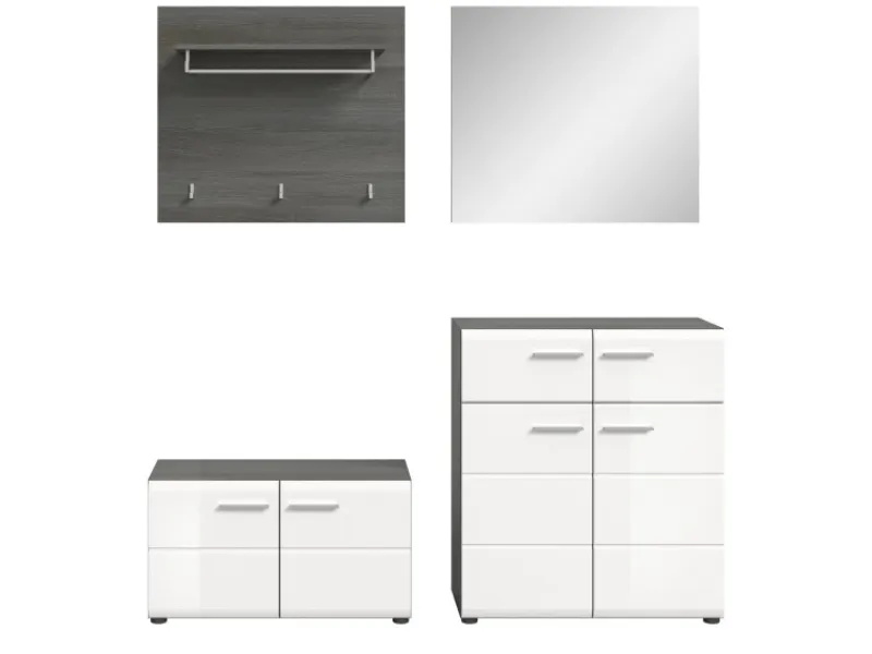 Inn.Furn Garderoben-Set 4-teilig Weiß Hochglanz Grau 175 cm Rumba