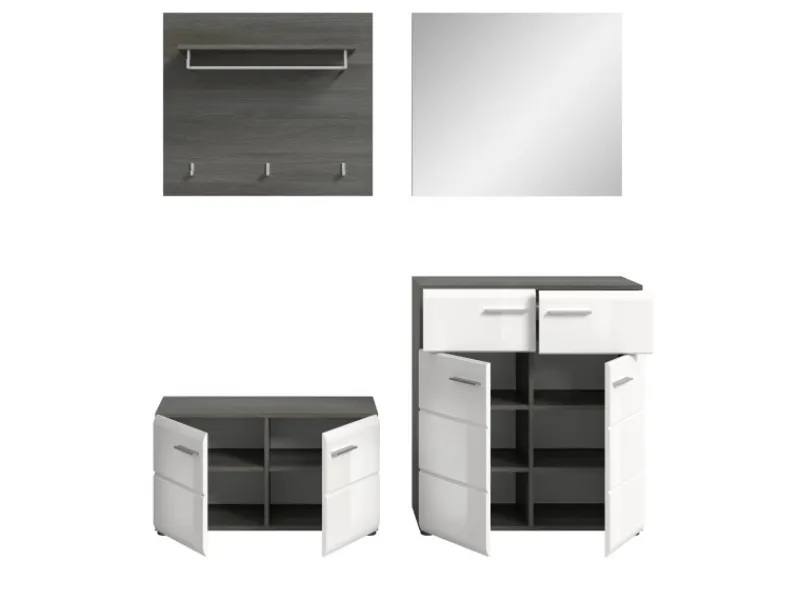 Inn.Furn Garderoben-Set 4-teilig Weiß Hochglanz Grau 175 cm Rumba