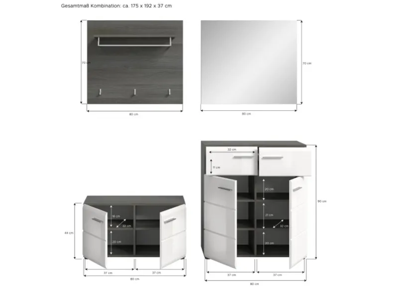 Inn.Furn Garderoben-Set 4-teilig Weiß Hochglanz Grau 175 cm Rumba