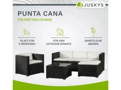 Juskys Polyrattan Lounge Sitzgarnitur Punta Cana L Schwarz mit Bezügen in Creme