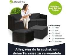 Juskys Sofas^Polyrattan Lounge Sitzgarnitur Punta Cana M Schwarz mit Bezügen in Dunkelgrau