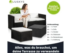 Juskys Polyrattan Lounge Sitzgarnitur Punta Cana M Schwarz mit Bezügen in Creme