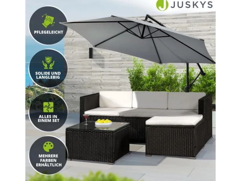 Juskys Polyrattan Lounge Sitzgarnitur Punta Cana M Schwarz mit Bezügen in Creme