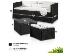 Juskys Polyrattan Lounge Sitzgarnitur Punta Cana M Schwarz mit Bezügen in Creme