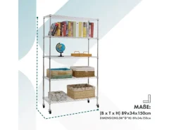 Karat Regale Schwarz|Metallregale^Gitterregal Maya mit Rollen und Feststellbremse 5 Böden 89 x 34 x 150 cm