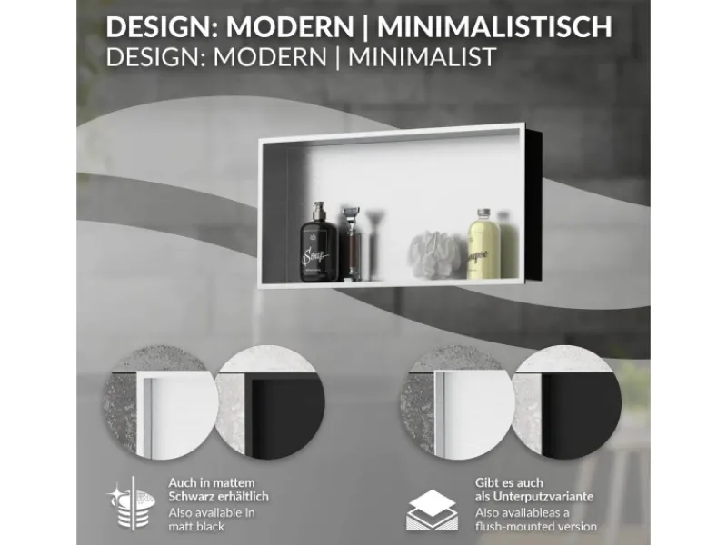 LuxeBath Wandnische Edelstahl 60x30x10 cm Silber Duschnische Rahmen Einbauregal