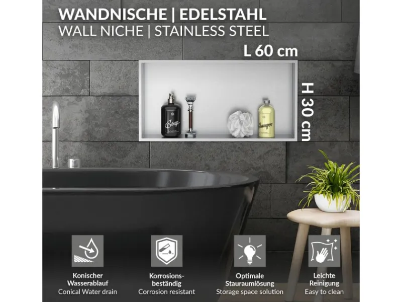LuxeBath Wandnische Edelstahl 60x30x10 cm Silber Duschnische Rahmen Einbauregal