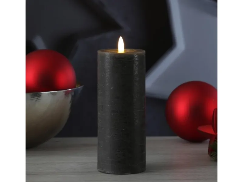 MARELIDA Kerzen^LED Kerze LINA Rustik Optik Echtwachs Stumpenkerze Flackernd Timer H 19cm Grau