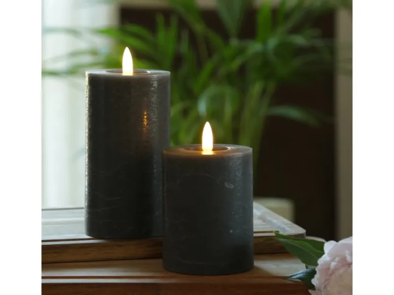 MARELIDA LED Kerze LINA Rustik Optik Echtwachs Stumpenkerze Flackernd Timer H 15cm Grau