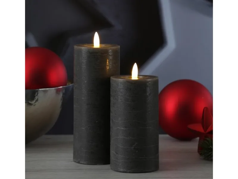 MARELIDA LED Kerze LINA Rustik Optik Echtwachs Stumpenkerze Flackernd Timer H 15cm Grau