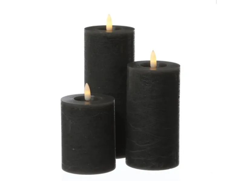 MARELIDA LED Kerzenset LINA Rustik Optik Echtwachs Flackernd 3 Größen Timer Grau 3er Set