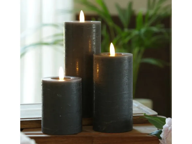 MARELIDA LED Kerzenset LINA Rustik Optik Echtwachs Flackernd 3 Größen Timer Grau 3er Set
