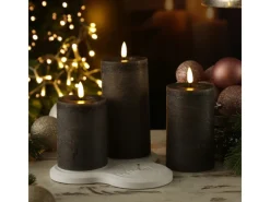 MARELIDA LED Kerzenset LISA Rustik Optik Echtwachskerzen Wiederaufladbar Grau 3er Set