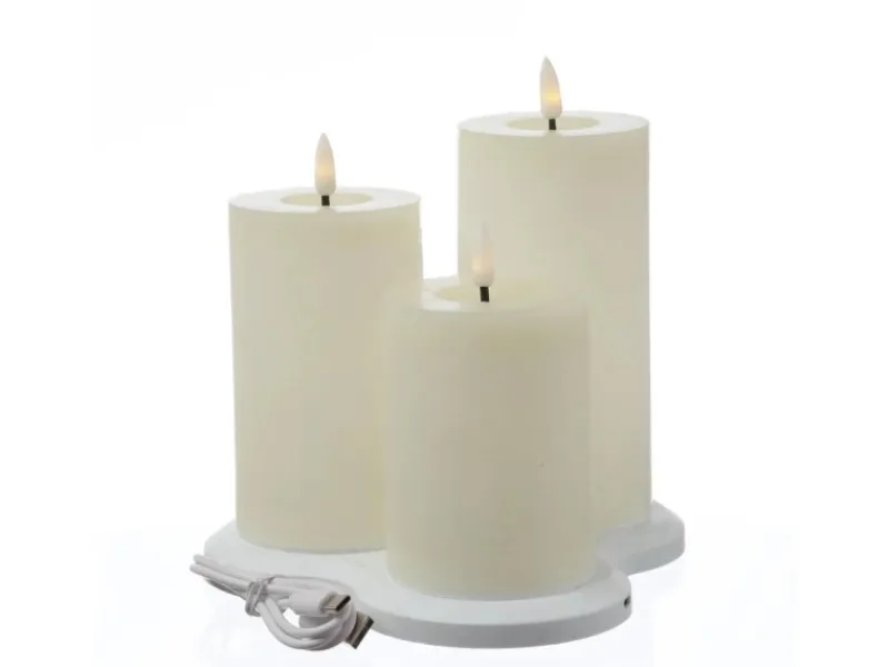 MARELIDA LED Kerzenset LISA Rustik Optik Echtwachskerzen Wiederaufladbar Creme 3er Set