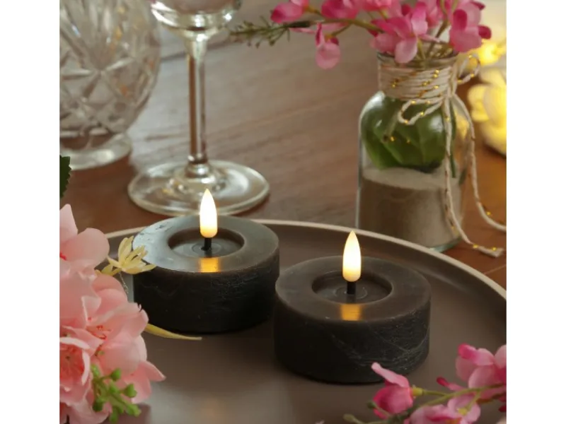 MARELIDA Kerzen^LED Maxi Teelichter Lina Rustik Optik Flackernd Echtwachs D 7cm Grau 2 Stück